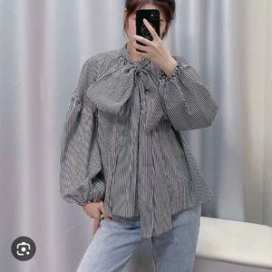 Zara oversized striped bow blouse
